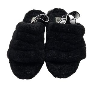 UGG Slippers Womens Size 9 Black Fleece Slide Logo Elastic Strap Fur Cozy